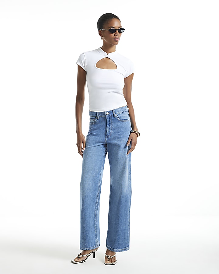 White Keyhole Stand Up Collar Cap Sleeve Top