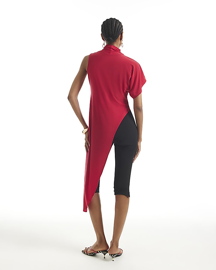 Red High Neck Asymmetric Flowing Top