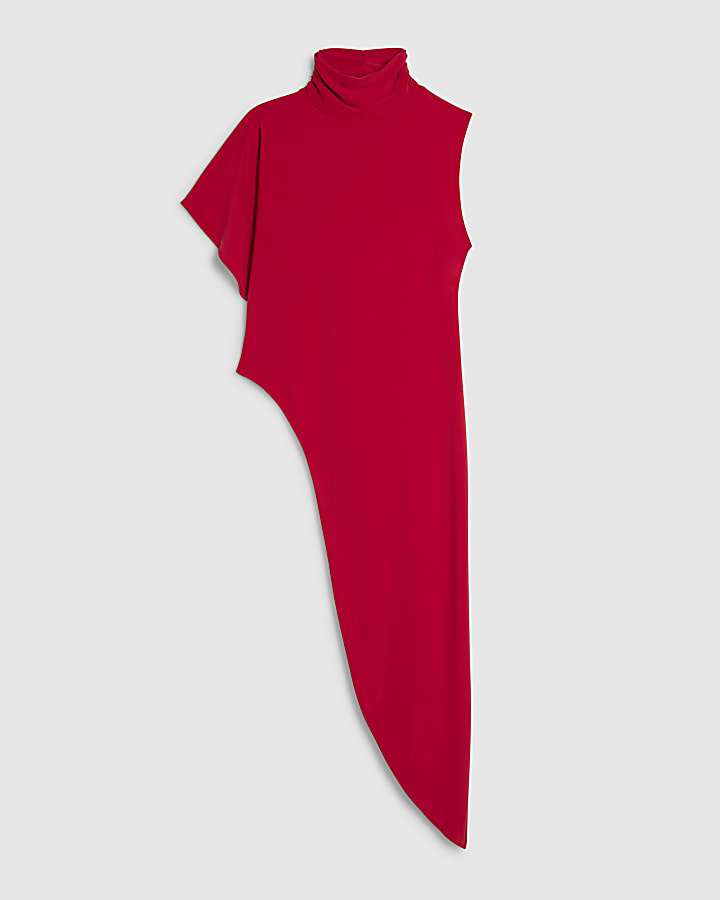 Red High Neck Asymmetric Flowing Top