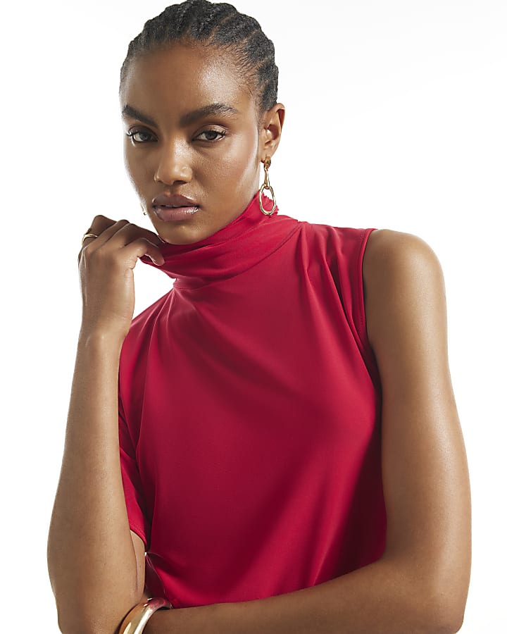 Red High Neck Asymmetric Flowing Top