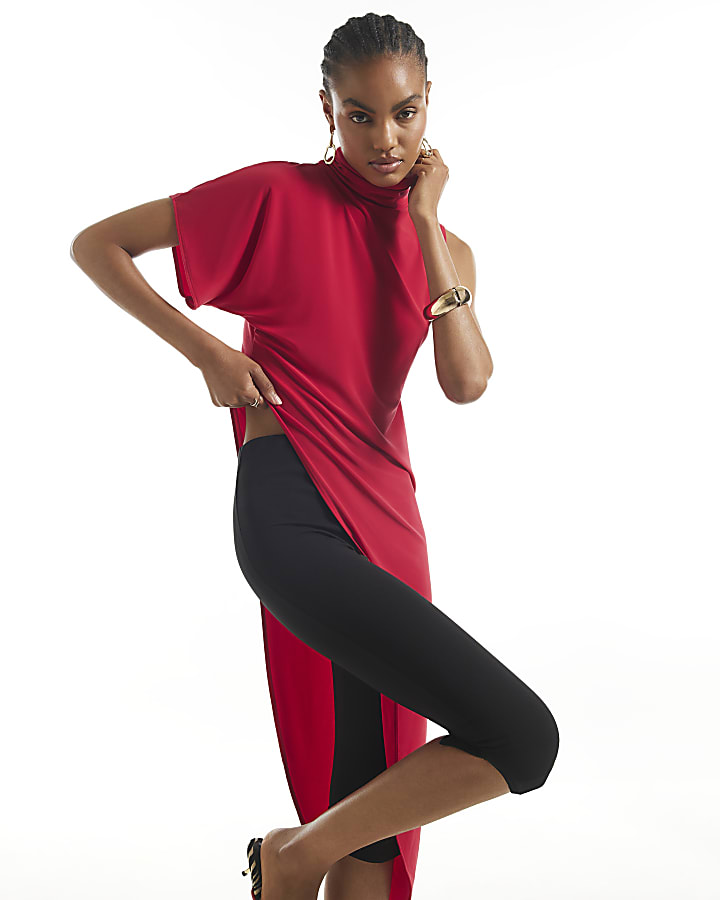 Red High Neck Asymmetric Flowing Top