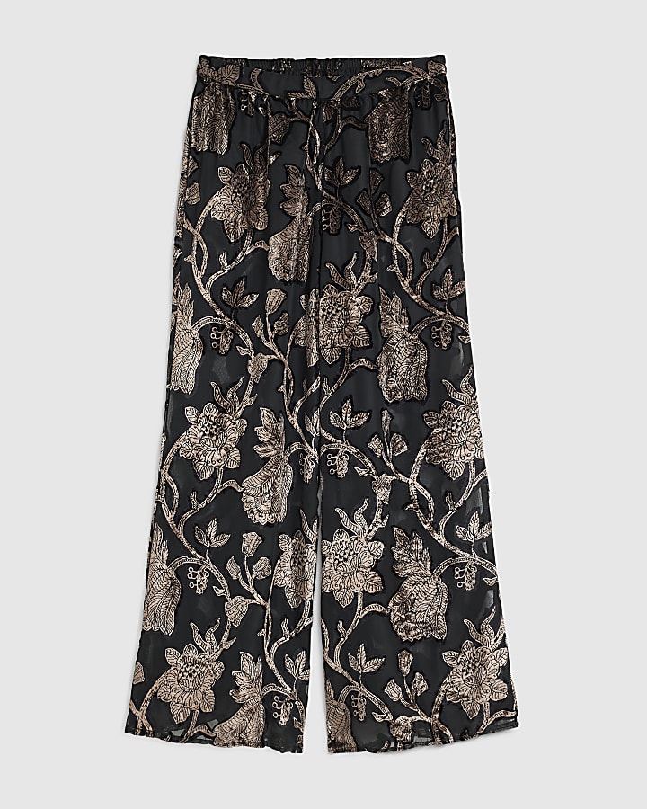 Petite Black Floral Devore Wide Leg Trousers