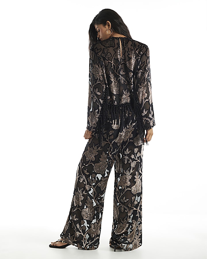 Black Floral Devore Wide Leg Trousers