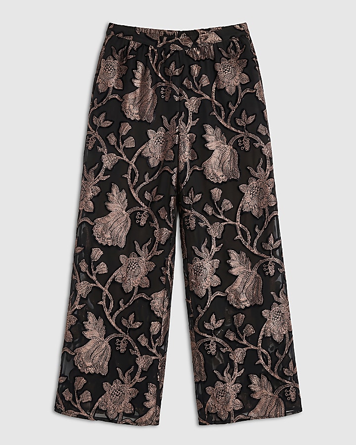 Black Floral Devore Wide Leg Trousers