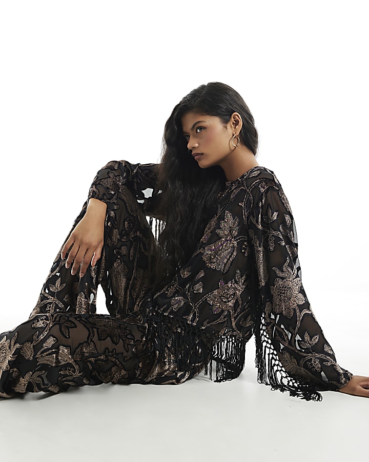 Black Floral Devore Wide Leg Trousers