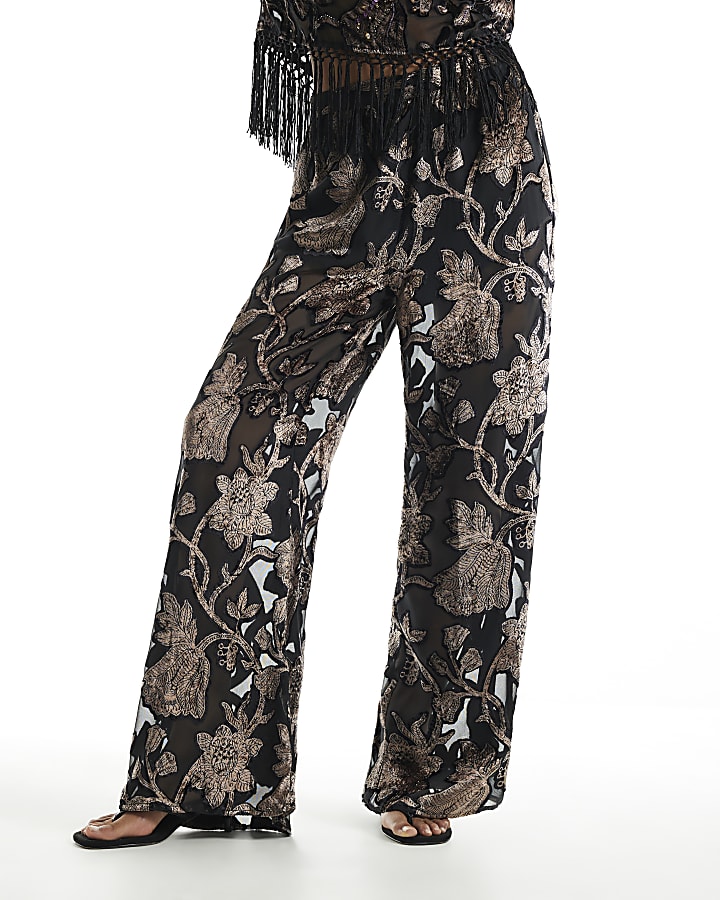 Black Floral Devore Wide Leg Trousers
