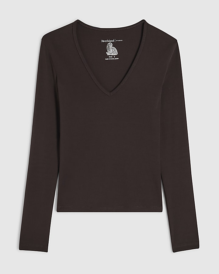 Brown V Neck Cotton Blend Long Sleeve Top