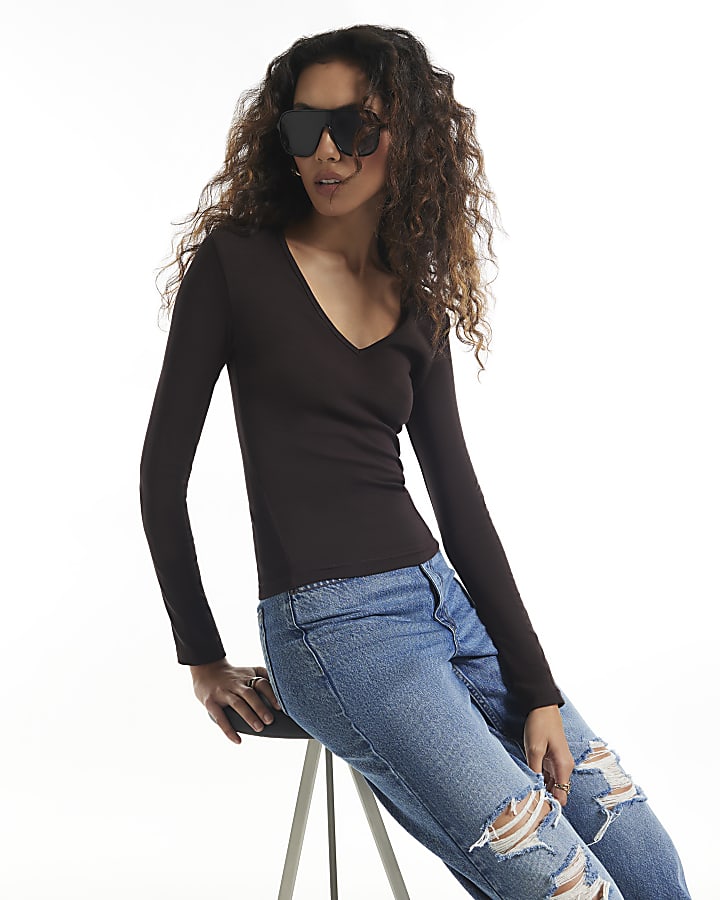 Brown V Neck Cotton Blend Long Sleeve Top