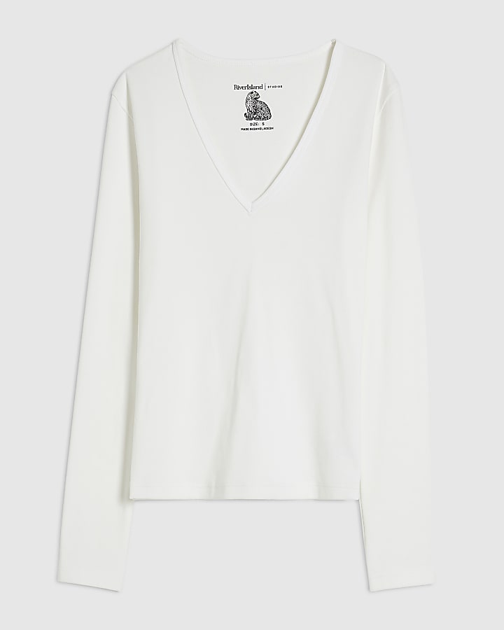 White Cotton Blend V Neck Long Sleeve Top