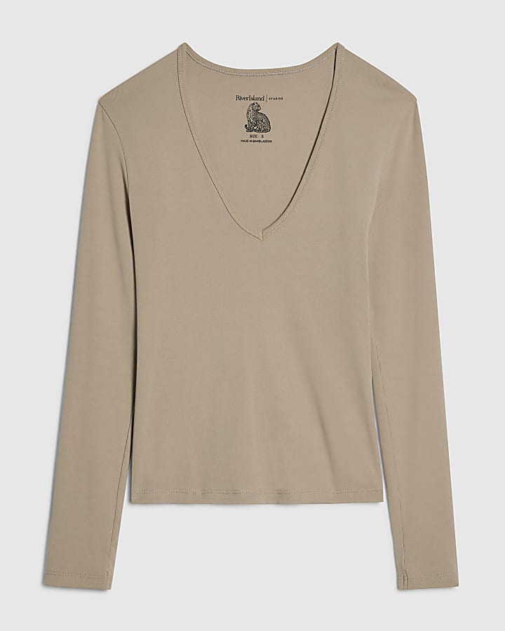 Beige V Neck Cotton Blend Long Sleeve Top