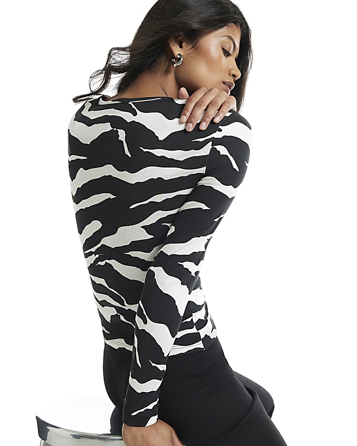 Black Zebra V Neck Long Sleeve Top