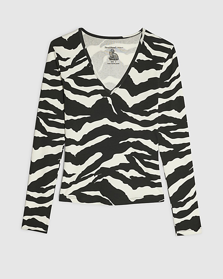 Black Zebra V Neck Long Sleeve Top