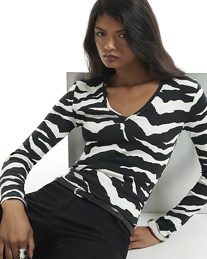 Black Zebra V Neck Long Sleeve Top