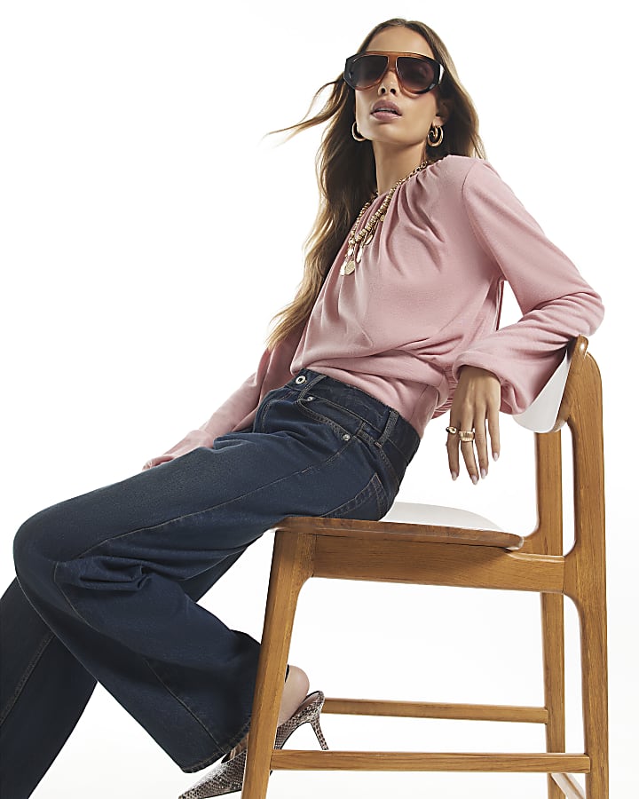 Pink Ruched Neck Banded Top