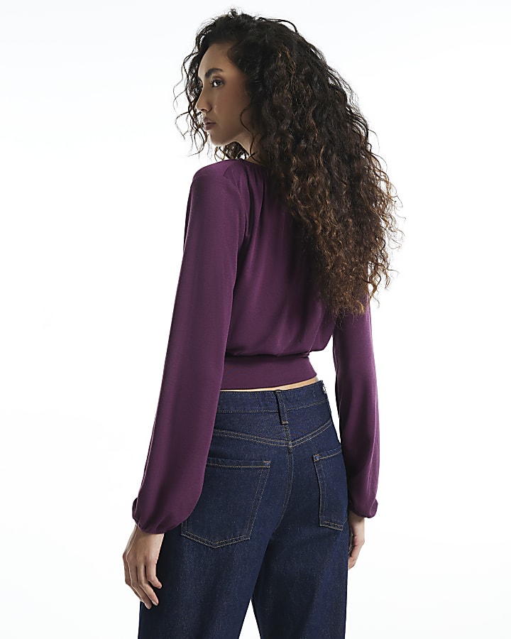 Burgundy Ruched Neck Banded Long Sleeve Top
