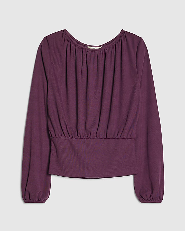 Burgundy Ruched Neck Banded Long Sleeve Top
