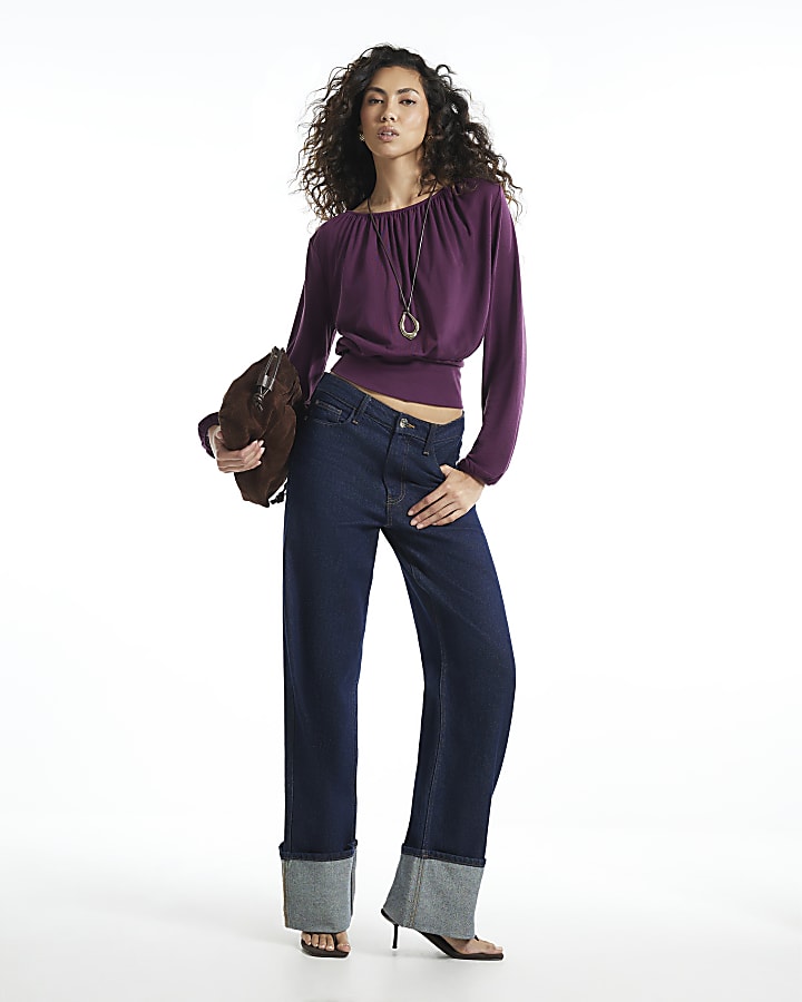 Burgundy Ruched Neck Banded Long Sleeve Top