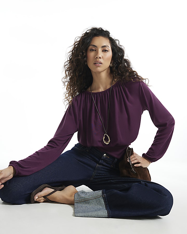 Burgundy Ruched Neck Banded Long Sleeve Top
