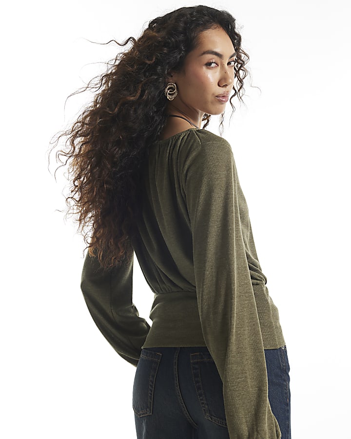 Khaki Ruched Neck Banded Top