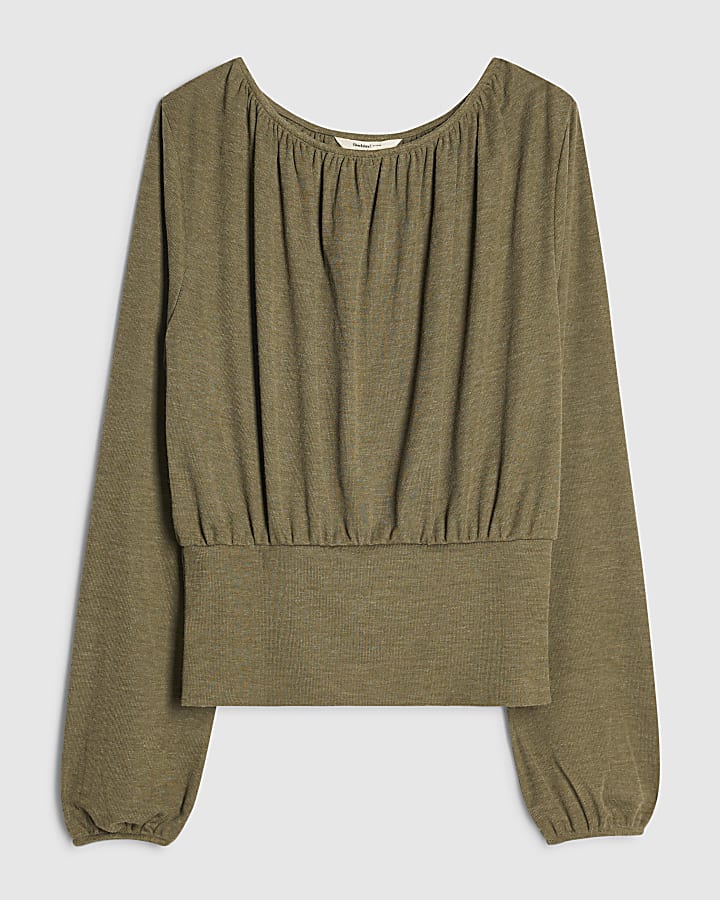 Khaki Ruched Neck Banded Top