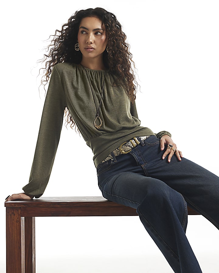 Khaki Ruched Neck Banded Top