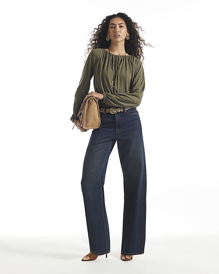 Khaki Ruched Neck Banded Top