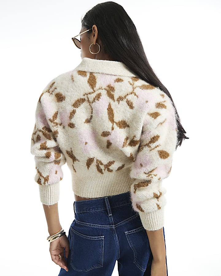 Beige Floral Polo Jumper