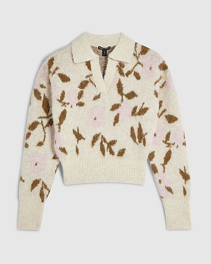 Beige Floral Polo Jumper