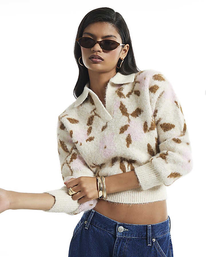 Beige Floral Polo Jumper