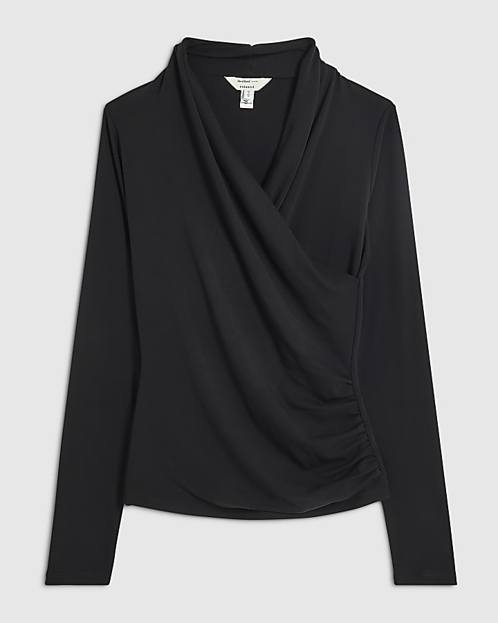 Black Long Sleeve Wrap Top