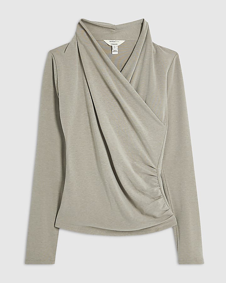 Beige Long Sleeve Wrap Top