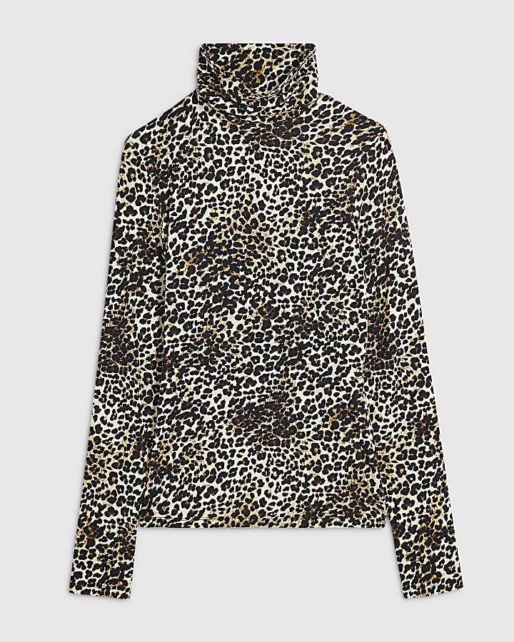 Brown Animal Print Roll Neck Top