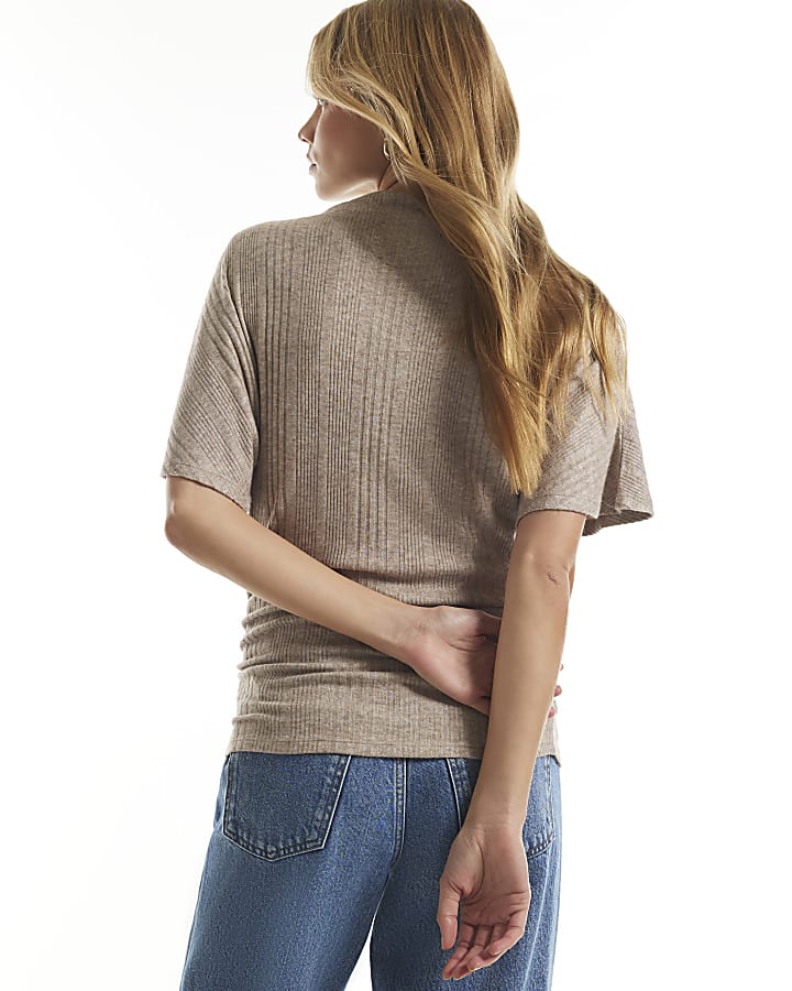 Beige Rib Ruched T-Shirt