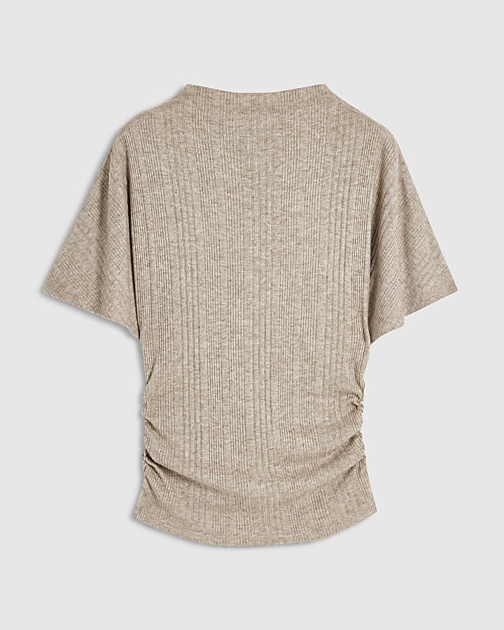 Beige Rib Ruched T-Shirt