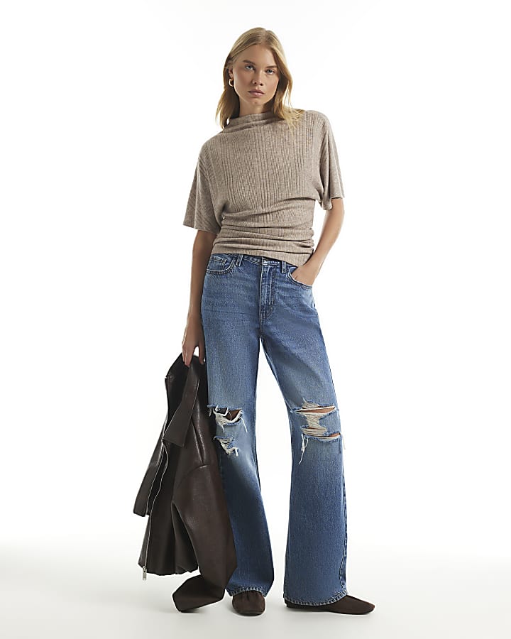 Beige Rib Ruched T-Shirt