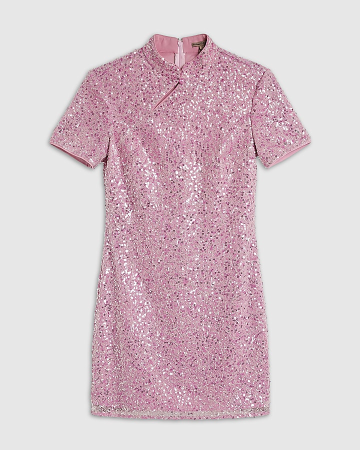 Pink Sequin Stand Up Collar Mini Dress
