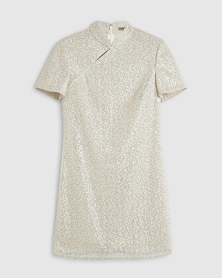 Cream Sequin Stand Up Collar Mini