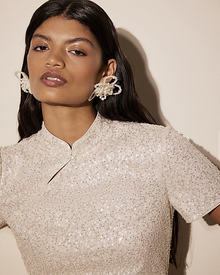 Cream Sequin Stand Up Collar Mini