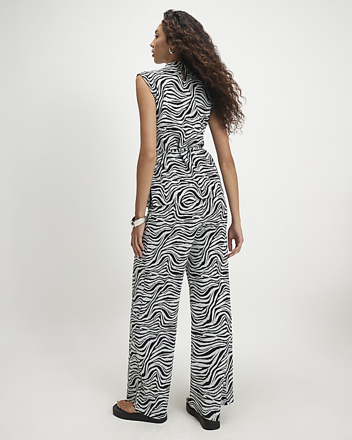Black Jacquard Zebra Print Wide Leg Trousers