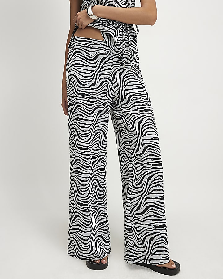Black Jacquard Zebra Print Wide Leg Trousers