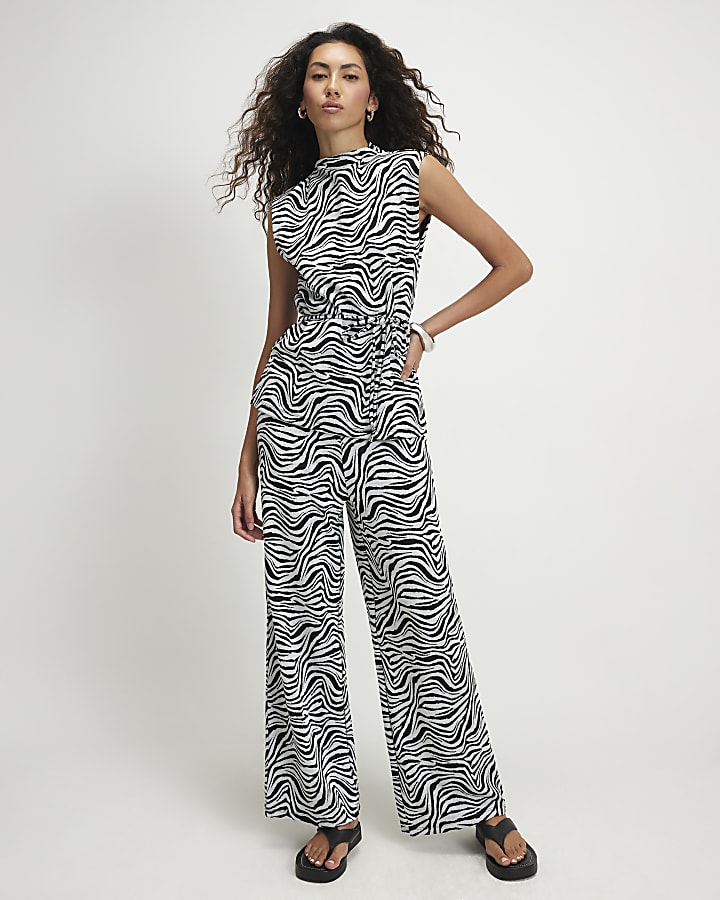 Black Jacquard Zebra Print High Neck Top