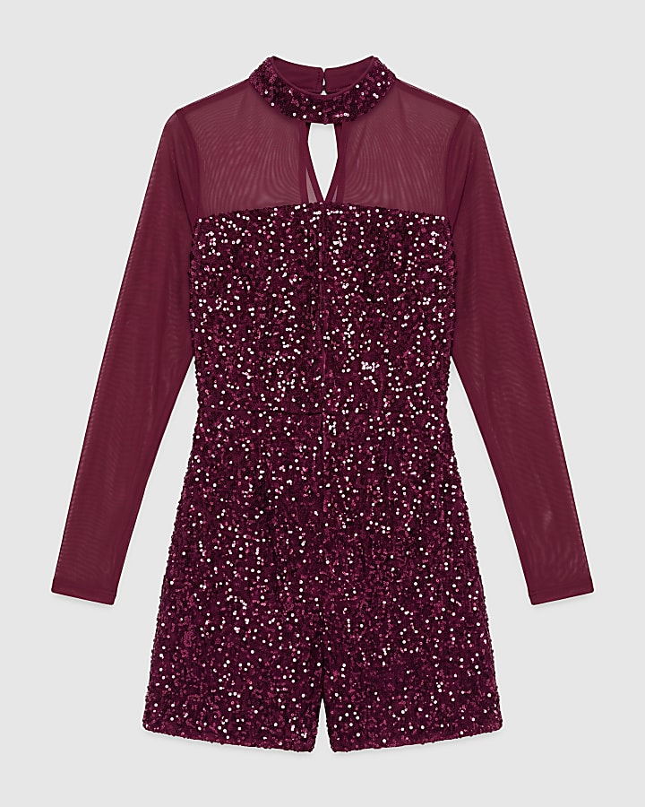Burgundy Sequin Mesh Long Sleeve Playsuit