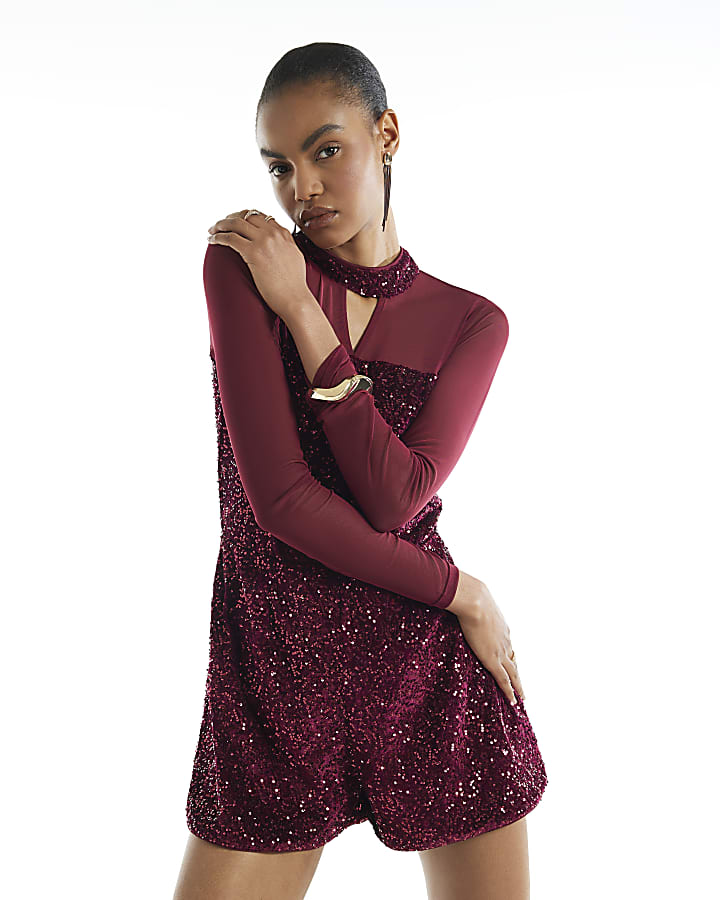 Burgundy Sequin Mesh Long Sleeve Playsuit