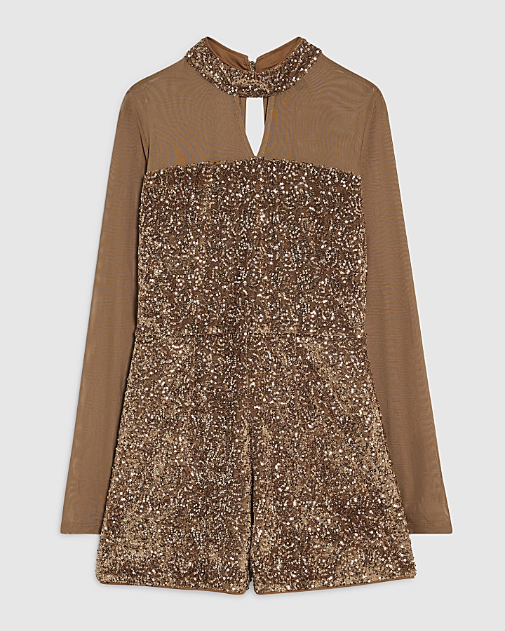 Bronze Sequin Mesh Long Sleeve Playsuit