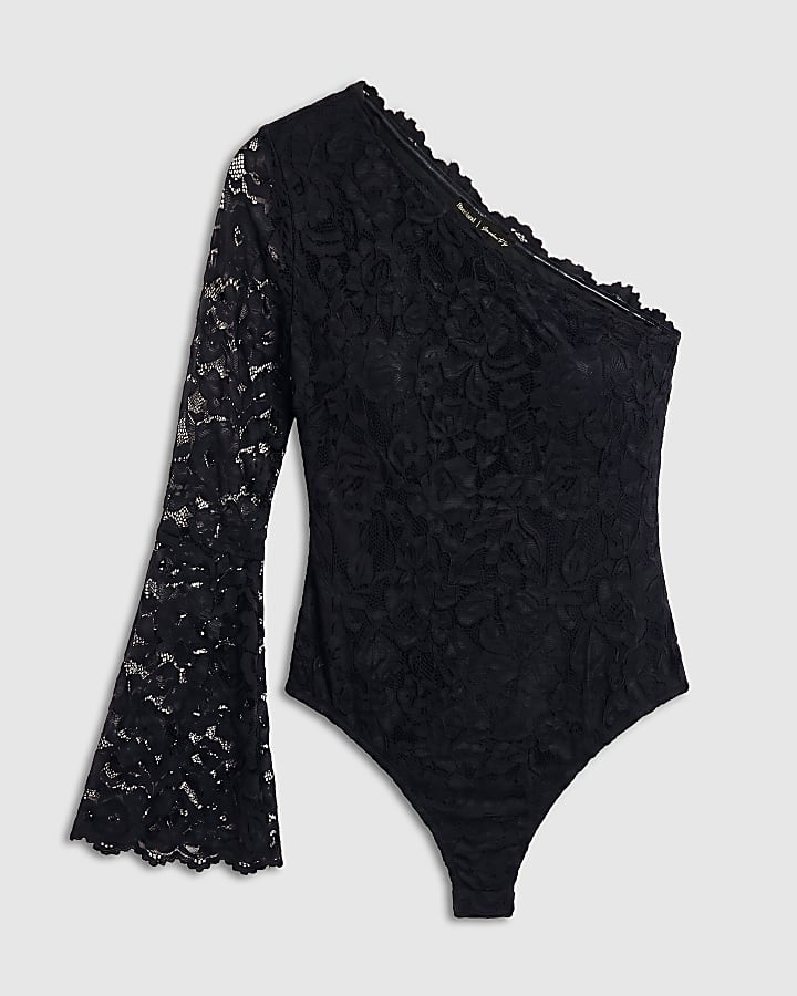 Black One Shoulder Lace Bodysuit