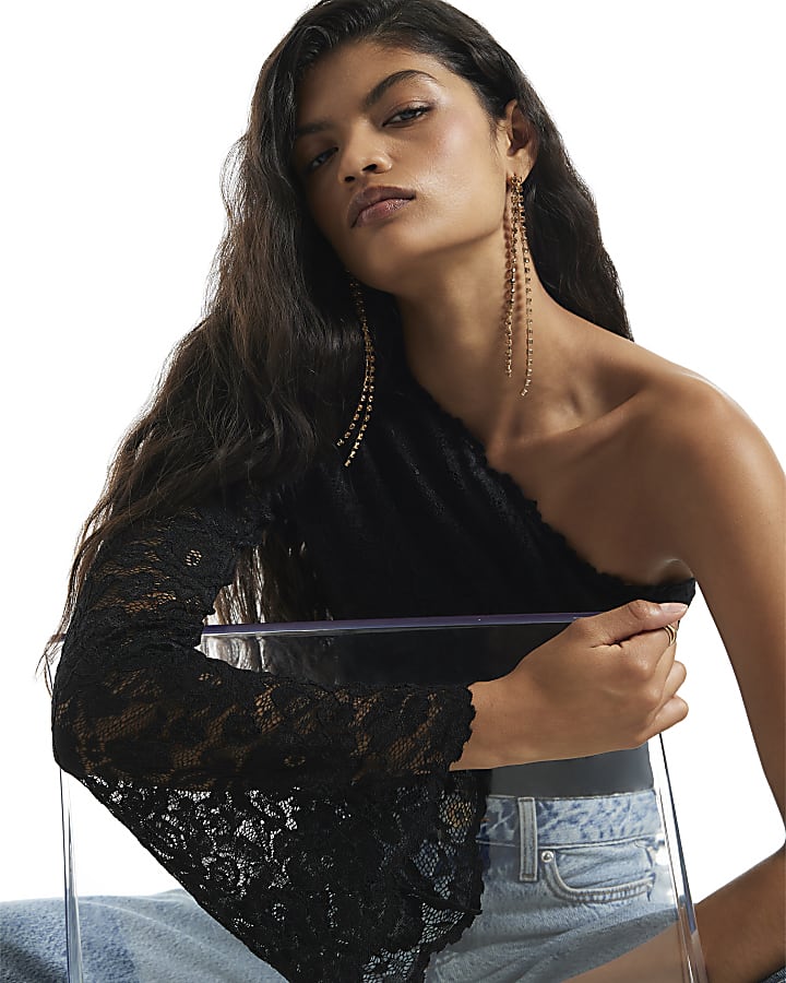 Black One Shoulder Lace Bodysuit