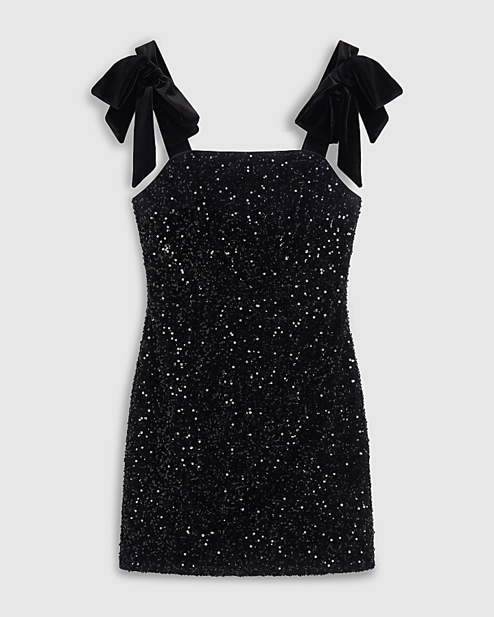 Black Sequin Bow Strap Sleeveless Mini Dress
