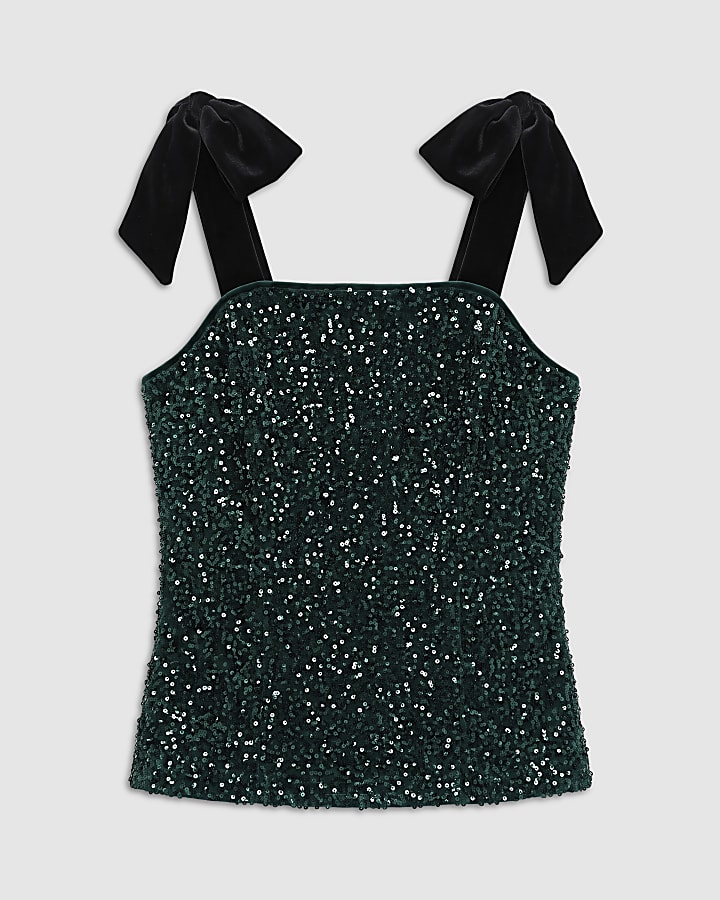 Green Bow Strap Sequin Top