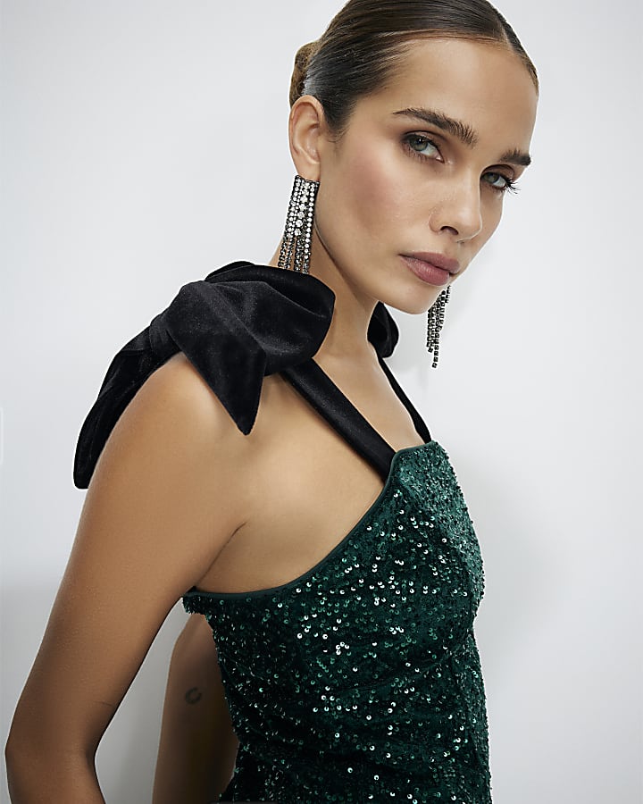 Green Bow Strap Sequin Top
