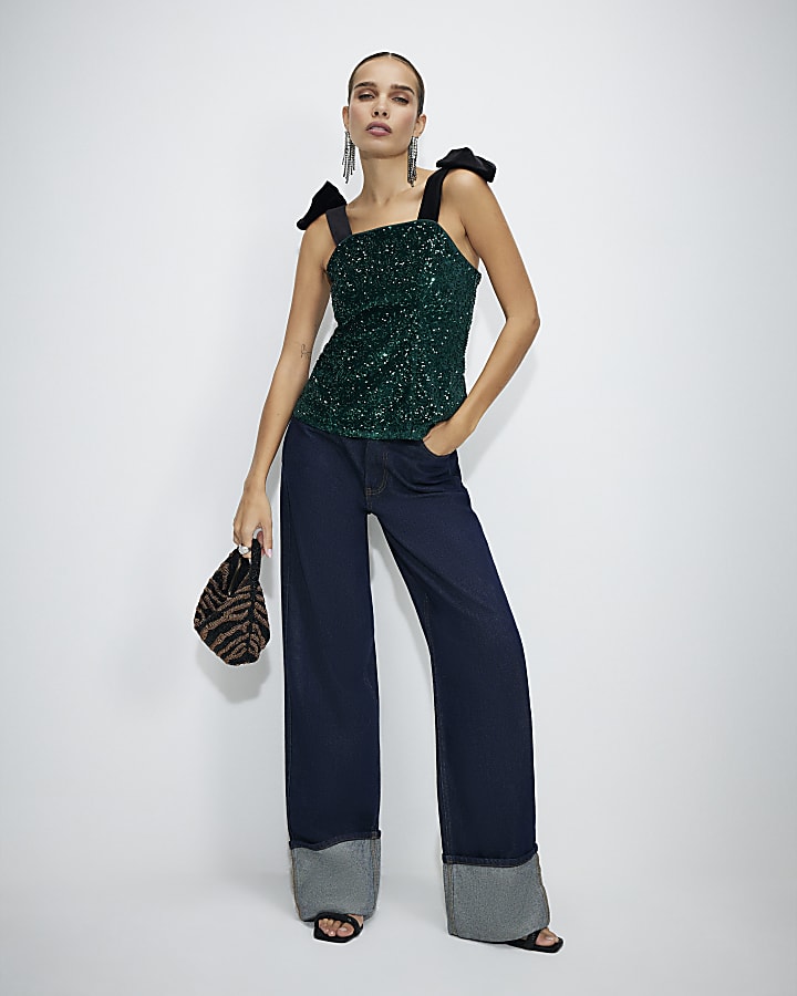 Green Bow Strap Sequin Top